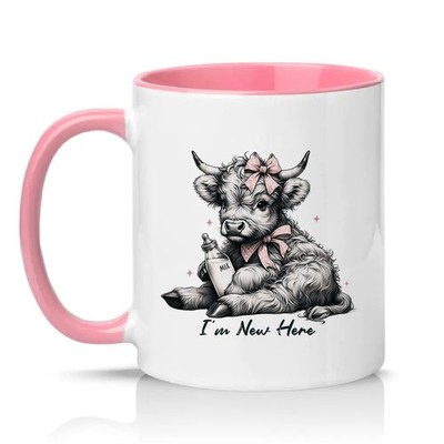 Ich bin neu hier Damen 11 Unzen Keramiktasse Highland Kuh Baby Kalb Bauernhof Tier Geschenk