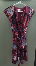 ANN TAYLOR LOFT Sz XS Rich Burgundy Floral Sleeveless Deep V-Neck Mini Dress 