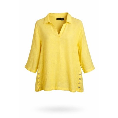 Tahari 100% Linen Popover Top Women's Large Yellow Button Side Tunic Coastal