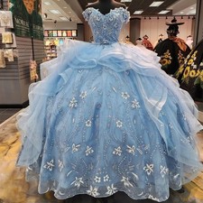 Light Blue Ruffle Quinceanera Off Shoulder Sparkling Flower Ball Dress Princess