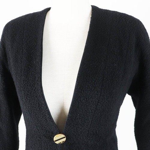CHANEL 19A Wool Silk Coco Mark Button Collarless Jacket Black Size 34 - Picture 2 of 10