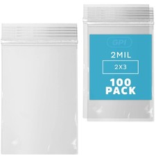 GPI Clear Plastic Reclosable ZIP Poly Bags, Case of 100, 2-mil 2" x 3", 