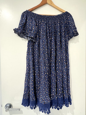 Tory Burch Cotton Silk Floral Babydoll off Shoulder Dress Blue Size S-M-L