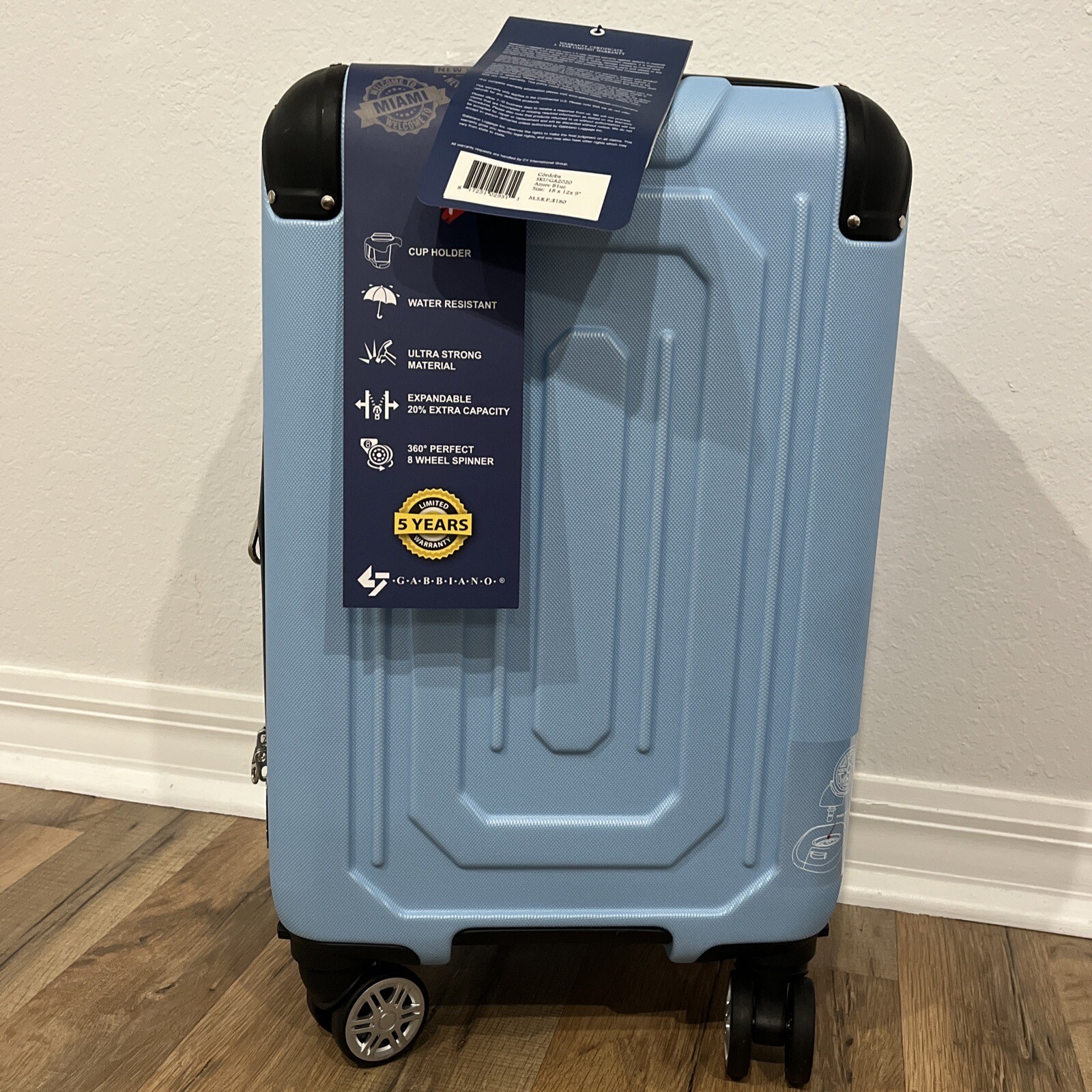 New Gabbiano Sky Blue Carry On Luggage 8 Spinner Wheels Cup Holder 18 X 12 X 9&rdquo;