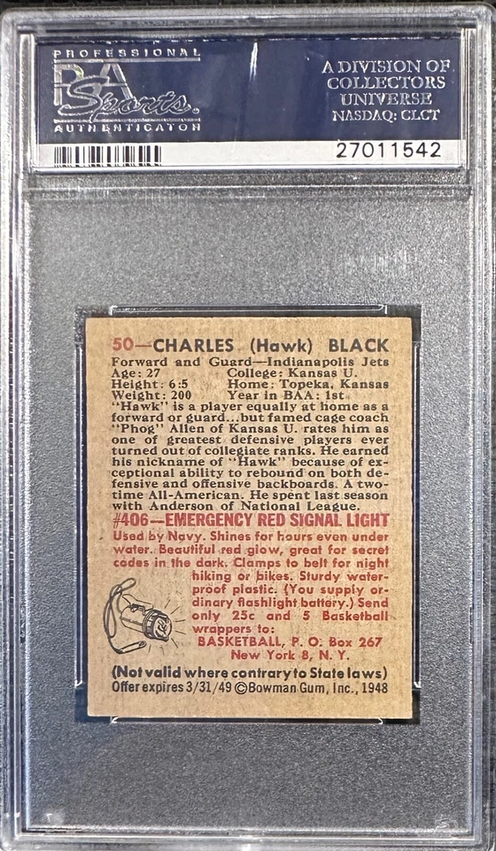 1948 Bowman Basketball Card #CHARLES BLACK Indianapolis Jets PSA 6 - Image 2 of 2