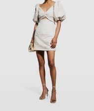 $340 Lace Women's White Metallic Sweetheart Twisted Front A-Line Dress Size L