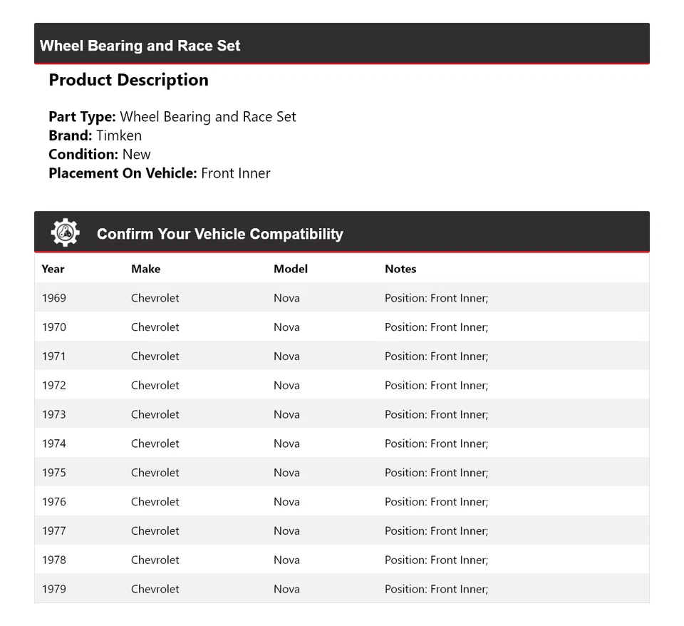 Juego de cojinetes de rueda y carreras interiores delanteros Timken 1970 para Chevrolet Nova 1969-1979 Foto 2 de 4