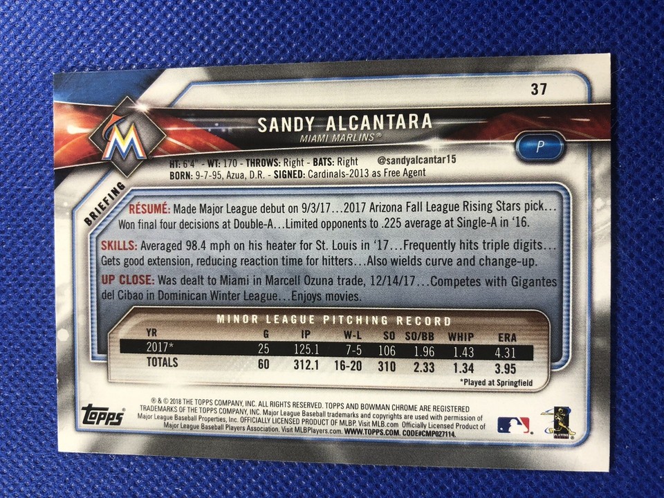 2018 #37 Sandy Alcantara Bowman Rookie Card Marli…