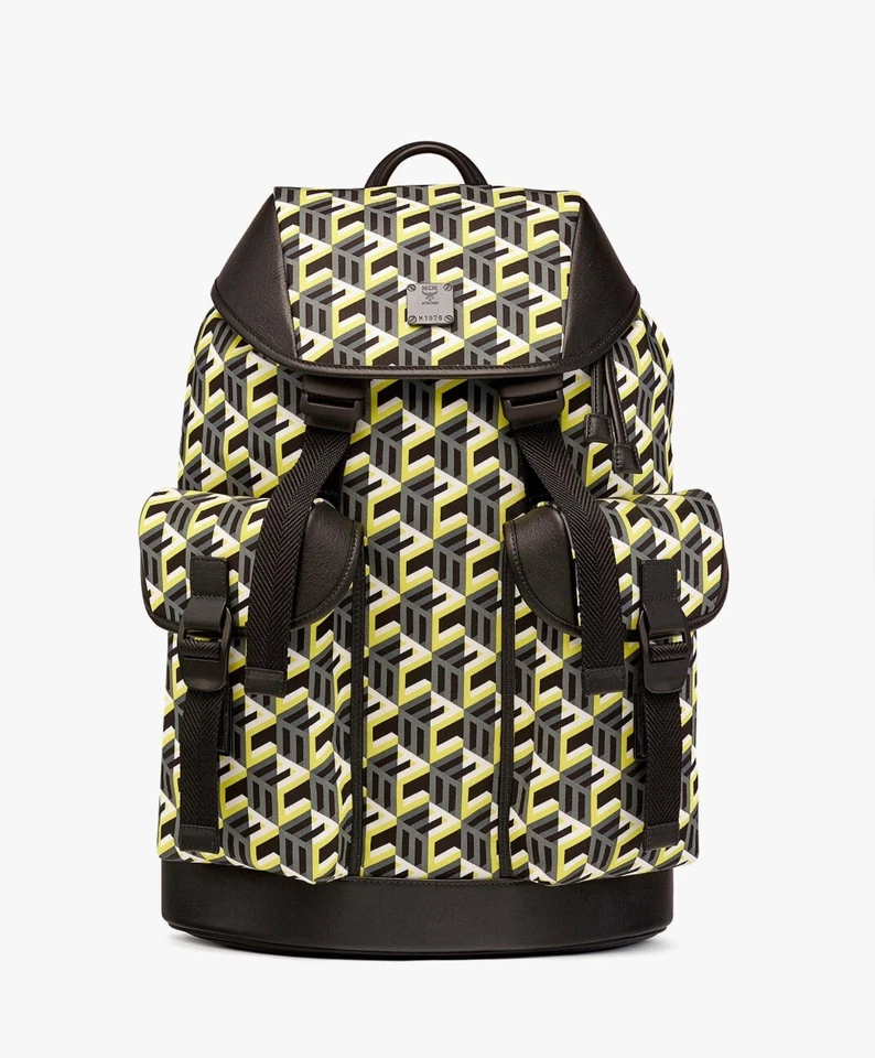 $1190 MCM Brandenburg Yellow/Black Cubic Monogram Nylon Backpack MMKCSCK01YW001