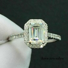 2.40CT Emerald Cut Real Moissanite Halo Engagement Wedding Ring 925 Silver