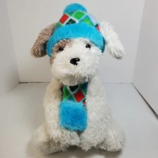 Hugfun International Plush Christmas Dog White with Turquoise Pink Green Scarf