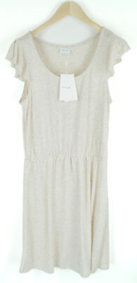VILA Vibaria Women Dress XL Beige Linen Blend Short Sleeve Flounce Round Neck