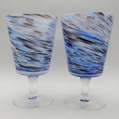 2 etna Handcrafted Blue & Brown Swirl White Lined 8 oz. Wine Glasses 5-1/2'' Tall