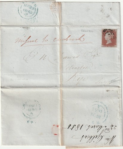 1855 LEWES SUSSEX LETTER WILLIAM GILBERT TO RYE 'MISSENT TO CRANBROOK' KENT - 第 1/2 張圖片