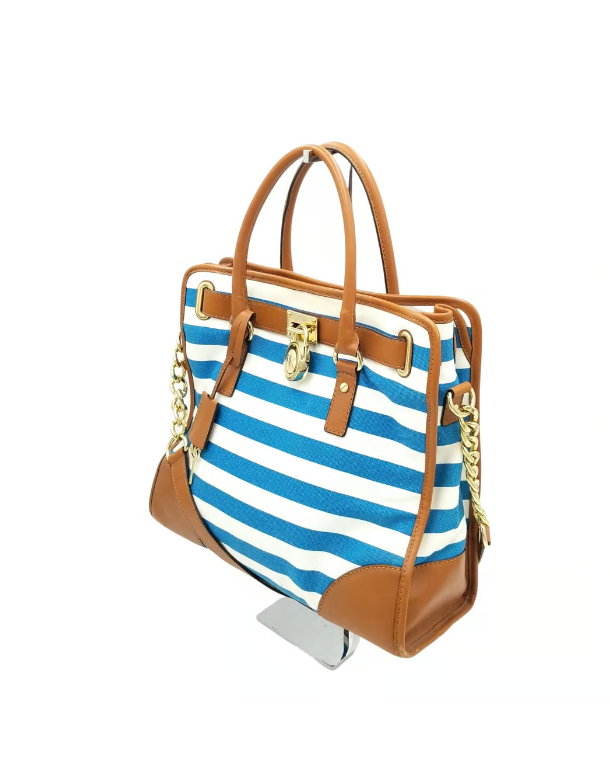 Michael Kors Large Hamilton Blue & White Stripe Canvas Tote w/ Pad