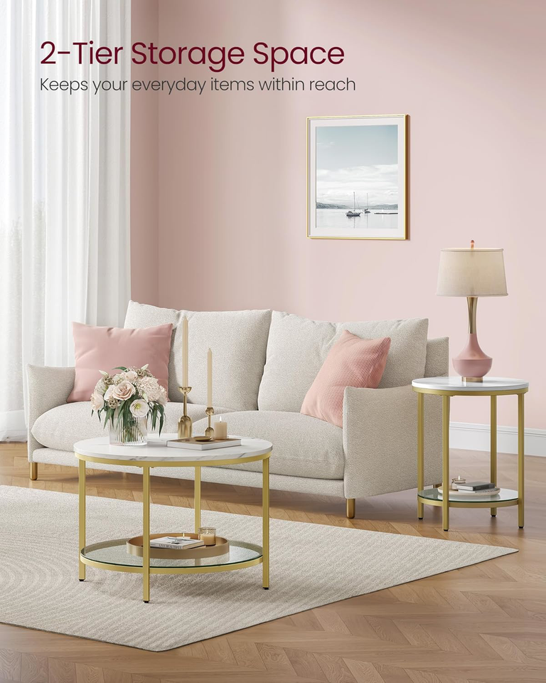 VASAGLE Round Coffee Table, Small Coffee Table with Faux Marble Top and