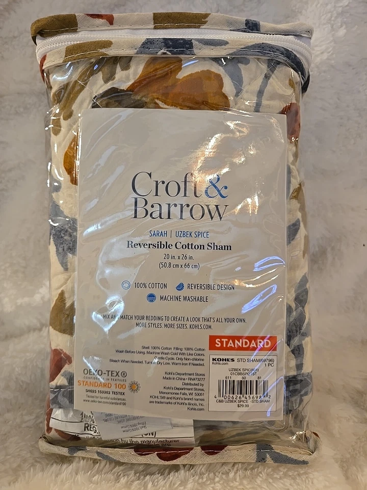 Croft & Barrow One @ Sarah Reversible Cotton Sham, Uzbek Spice/Red GORGEOUS! - Image 2 of 4