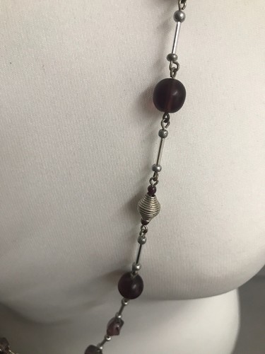 M&S Silver Tone Bar Link Long Length Necklace Purple Acrylic Beads Boho Flapper - Picture 7 of 12