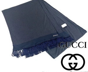 GUCCI Foulard Long à Franges Motif Châle à Points Marine 100 Rayonnes Accessoire Femme