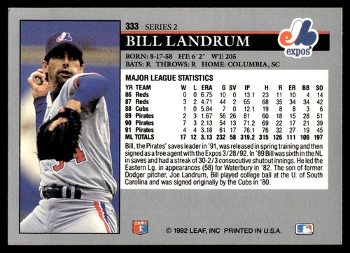 1992 Leaf Bill Landrum Montreal Expos #333 - Picture 2 of 2