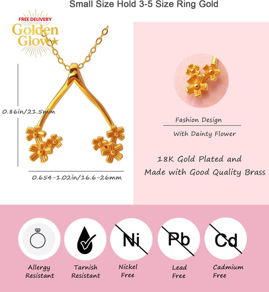 Alternate view of Dainty Ring Holder Necklace 18k Gold Plated Pendant 3-5 Sizes Tiny Wishbone Ring