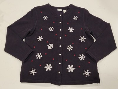 Classic Elements Snap Christmas Snowflake Cardigan Sweater Womens Large L Vintag