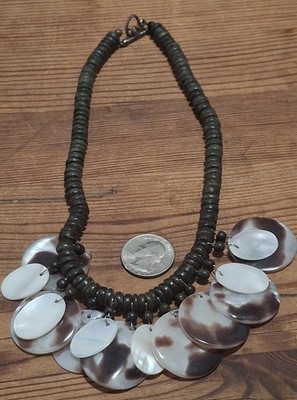 Boho Mother of Pearl Shell Necklace 16  Black Wood Beads Sterling Toggle 925