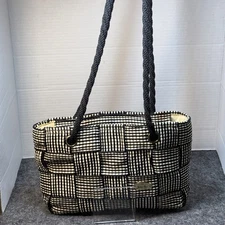 Vintage Gabriella Black & White Basket Weave Tote Bag Long Sholder Straps Italy