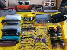 Lot of 38 Eyeglasses & Sunglasses + 3 Clip-Ons + 17 Cases Mixed Brands
