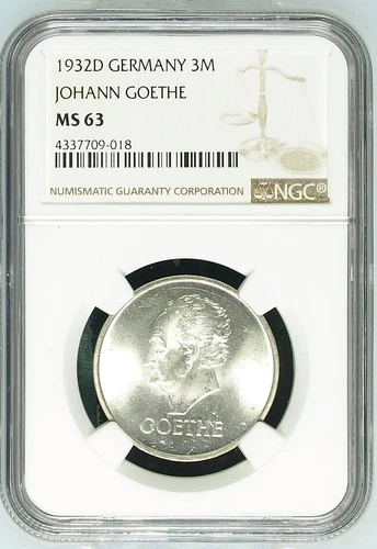 1932 D Germany 3 Reichsmark 3 Mark Johann Goethe 3M NGC MS63 KM#76 Weimar Rep...