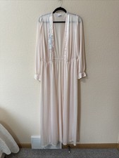 VTG VAL MODE Maxi Nylon Robe Peignoir Pale Pink Satin Trim Appliqu  Sz L USA