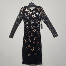 Vince Camuto Dress 4 Black Knee-Lenght Long Sleeves Ruched Waist Sequin Star 931