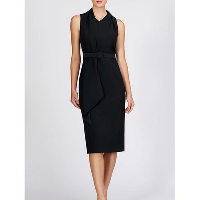 NWT Kay Unger Annika Black Midi Sheath Dress Scarf Neck Belted Size 6