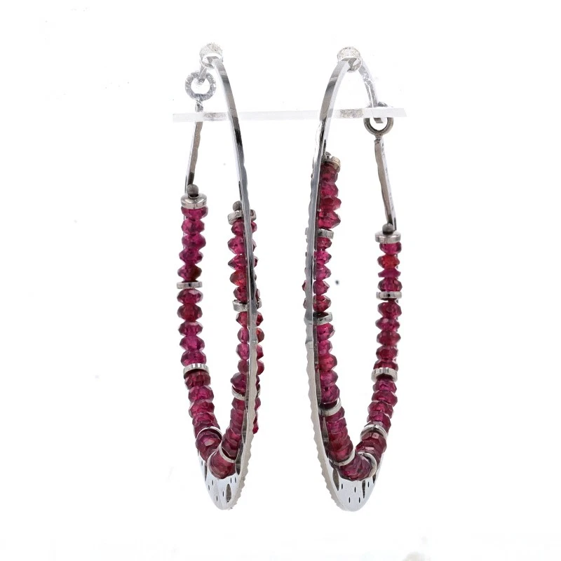 White Gold Garnet Hoop Earrings - 14k Rondelle Black Rhodium Italy Pierced - Image 2 of 4