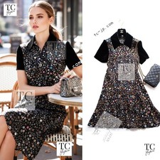 CHANEL 13B Black Silk CC Button paint Velvet Short Sleeve Dress 36 38 US4 6
