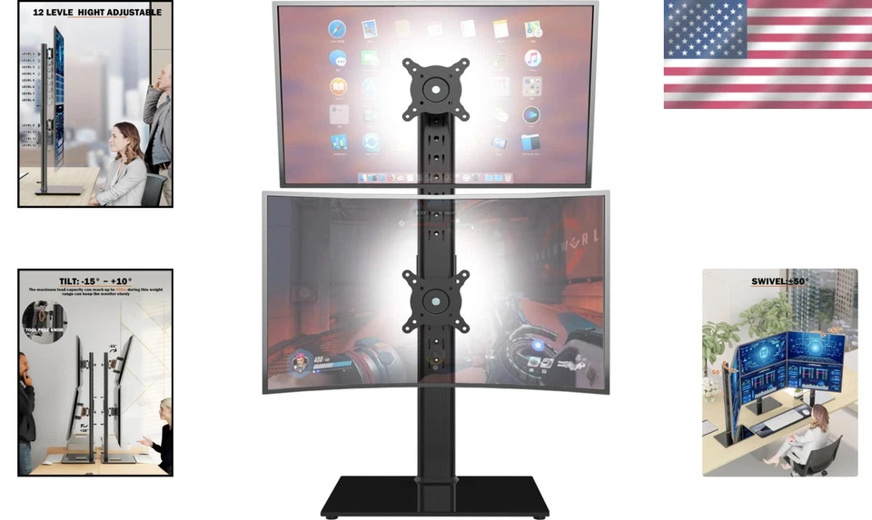Dual Monitor Stand Alloy Steel Tempered Glass 2 Screen Adjustable Ergonomic - Image 2 of 4
