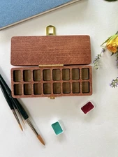 Watercolor Paint Palettes Wooden Color Storage Box 16 Empty Half Pans Travel Kit