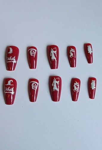 12 Red and White pre designed Glow In The Dark Halloween Press On Nails - Picture 3 of 5