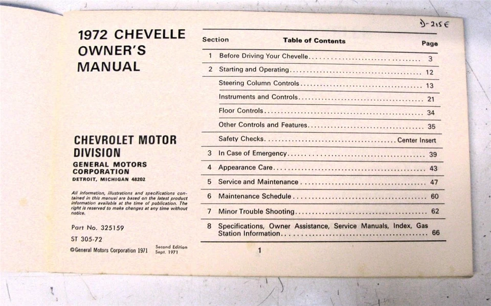CHEVROLET Chevelle Car Owners Handbook 1972 #325159 ST 305-72 USA Edit. - Image 2 of 4