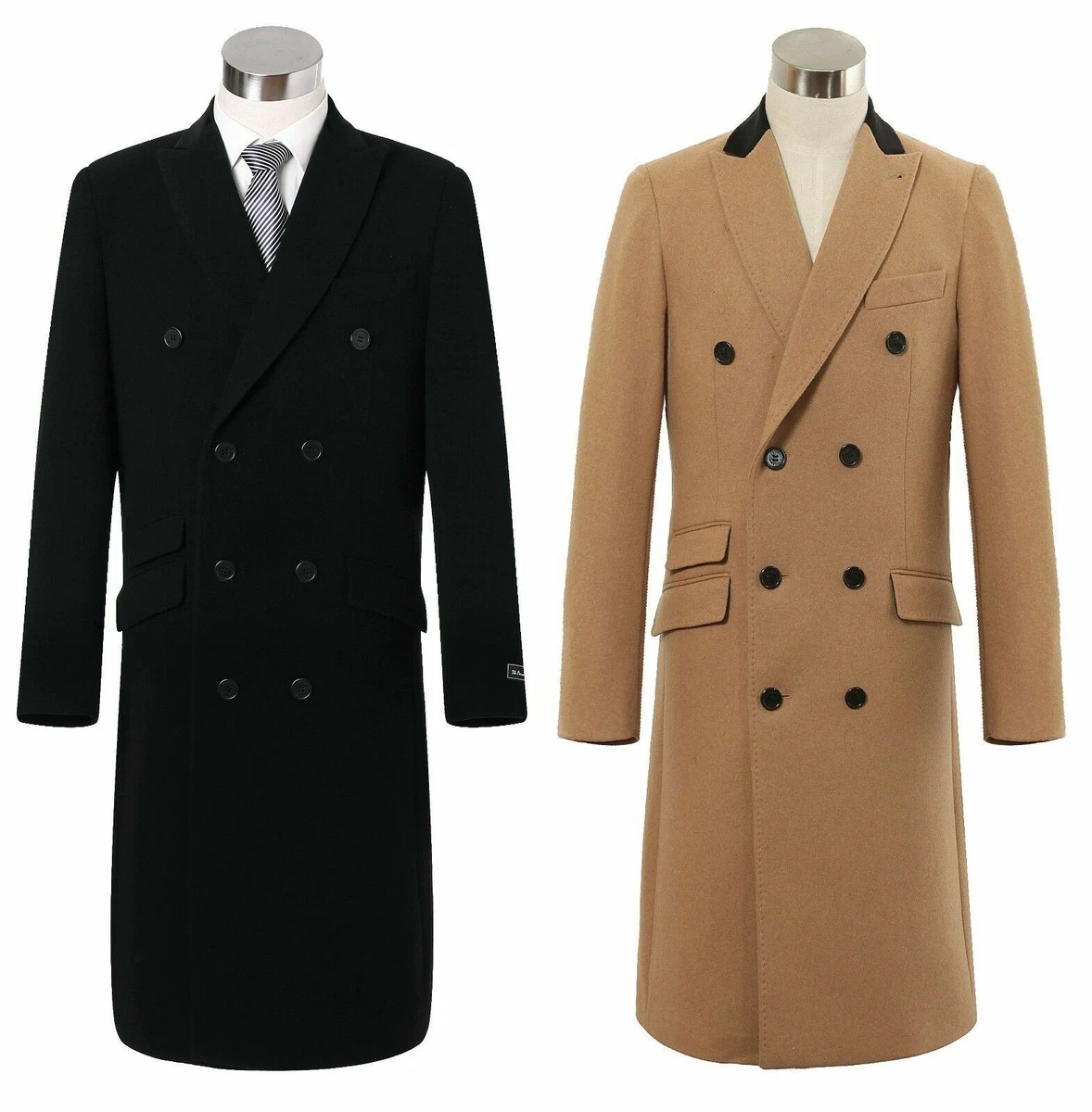 Mens Double Breasted Cashmere Wool Long Overcoat Black Collar