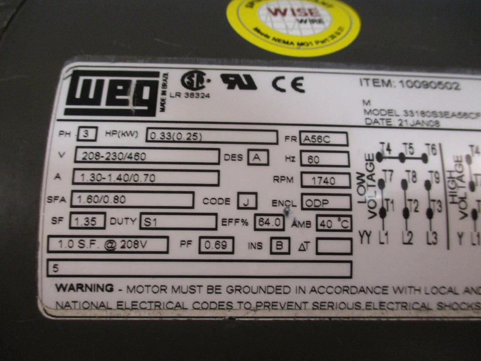WEG Electric Motors, Motor 3PH, A56C, 60 Hz, 1740 RPM, 10090502 33180S3EA56CFL - Image 2 of 4