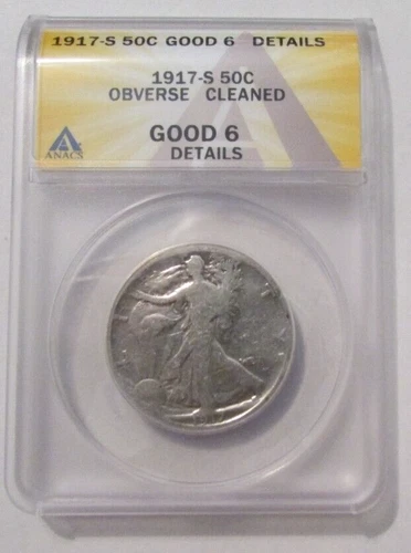 1917-S Obverse WL Walking Liberty Half Dollar 50c ANACS Good 6 Details Cleaned
