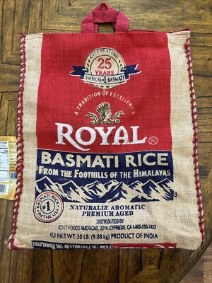 Royal Basmati Rice Burlap Bag 20lbs Handles Zipper Heavy Duty 25th Anniv No Rice