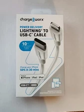 Lightning to USB-C Cable  ChargeWorx CX4630WH 10 Ft MFi-Certified
