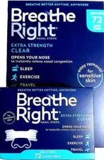 144 BREATHE RIGHT NASAL STRIPS EXTRA CLEAR ~SENSITIVE SKIN~ ( 2 x 72 CT BOXES )