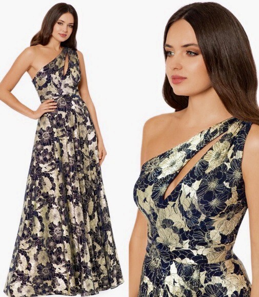 Betsy & Adam Metallic Floral One-Shoulder Sheath Gown - Navy/Gold