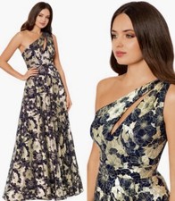 Betsy  Adam Navy Blue Gold Metallic Floral One-Shoulder Sheath Gown Size 2 279