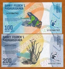 SET Madagascar, 100;200 Ariary, 2017 P-97-98 UNC Completely Redesigned