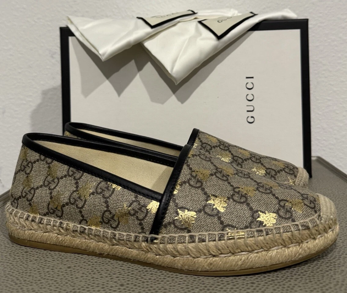 Espadrilles plates GUCCI GG Supreme Bee toile beige fabriquées en Espagne 39 / US 9