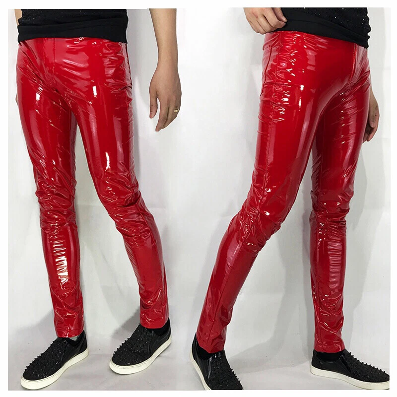 Red leather 2024 look trousers